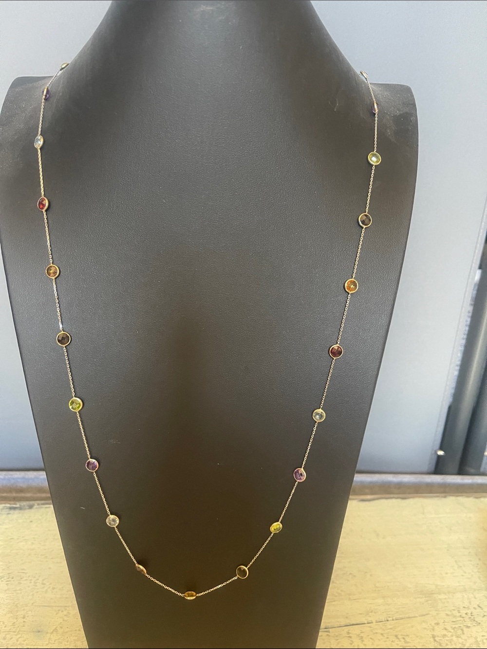 14kWhite Gold Long Station Necklace with Multicolor Gemstone Stations 36”